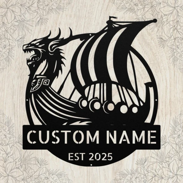 Custom Viking Ship Metal Sign Personalized Norse Totem Wall Art Decor Gift Custom Viking ship metal sign in 16 gauge steel with personalized name for Norse wall decor, Viking fan, man cave, cabin, office and gift art.