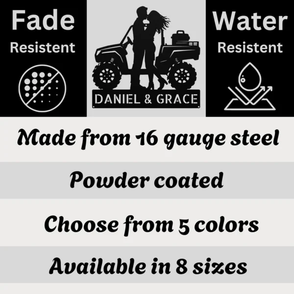 Personalized ATV couple metal sign in 16 gauge steel with custom names for offroad quad rider wall decor, garage, cabin, workshop and couple gift.