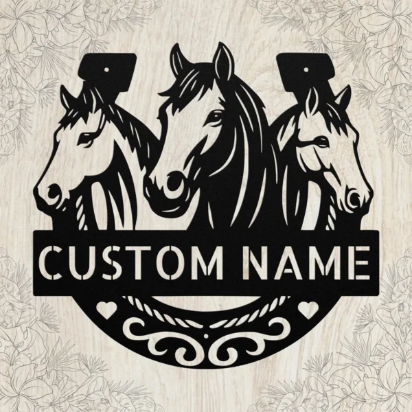 Custom horses metal sign in 16 gauge steel with personalized horse rider name for farmhouse wall decor, barn, stable, ranch, tack room and gift.
