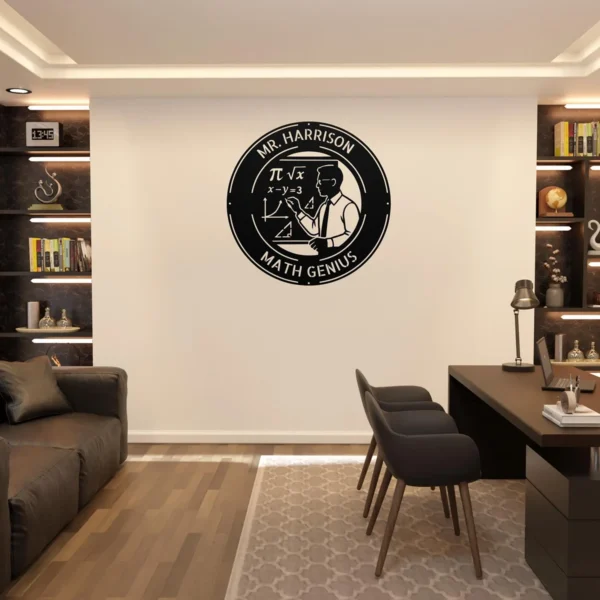 Custom Mr. Math Teacher metal sign in 16 gauge steel with personalized name for mathematics classroom wall decor, tutoring room, teacher office and gift.