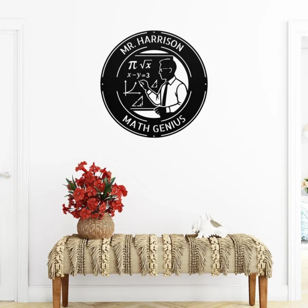 Custom Mr. Math Teacher metal sign in 16 gauge steel with personalized name for mathematics classroom wall decor, tutoring room, teacher office and gift.
