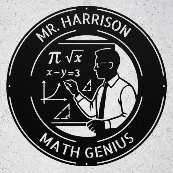 Custom Mr. Math Teacher metal sign in 16 gauge steel with personalized name for mathematics classroom wall decor, tutoring room, teacher office and gift.