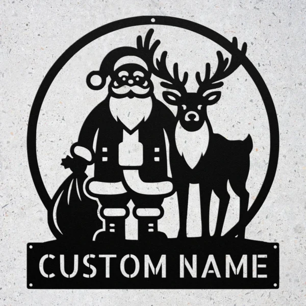 Custom Santa Reindeer Metal Sign Personalized Family Name Christmas Wall Decor Custom Santa reindeer metal sign in 16 gauge steel with personalized family name for Christmas wall decor, front porch, fireplace, garden and holiday gift.
