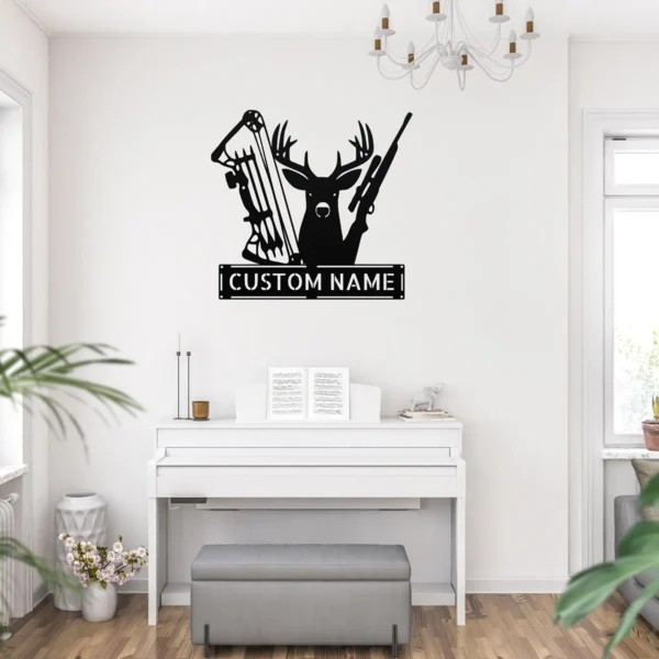 Custom deer hunting metal sign in 16 gauge steel with personalized name for buck hunter cabin wall decor, lodge, garage, man cave and hunting gift.