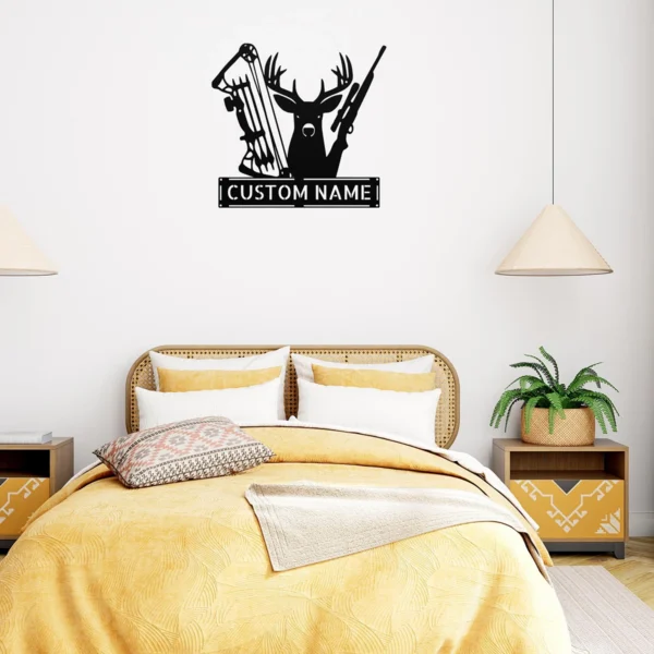 Custom deer hunting metal sign in 16 gauge steel with personalized name for buck hunter cabin wall decor, lodge, garage, man cave and hunting gift.