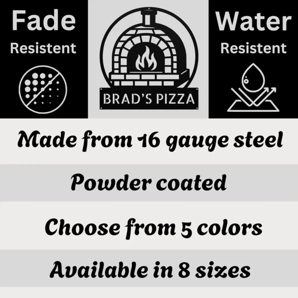 Custom Pizza Oven Metal Sign Personalized Name Outdoor Kitchen Wall Art Gift Custom pizza oven metal sign in 16 gauge steel with personalized name for outdoor kitchen wall decor, pizza oven, patio, restaurant and gift art.