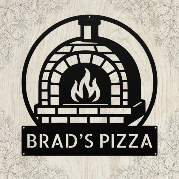 Custom pizza oven metal sign in 16 gauge steel with personalized name for outdoor kitchen wall decor, pizza oven, patio, restaurant and gift art.