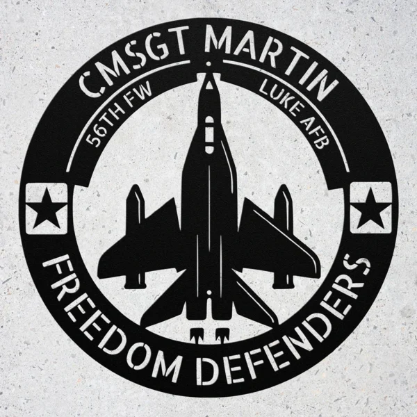 Personalized USA Air Force metal sign in 16 gauge steel with custom veteran name, rank and unit for military wall decor, pilot office, garage and gift.