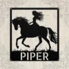 Personalized Woman Riding A Horse Metal Sign Custom Cowgirl Equestrian Wall Gift Personalized woman riding a horse metal sign in 16 gauge steel with custom name for cowgirl equestrian wall decor, barn, ranch, stable and horse lover gift.