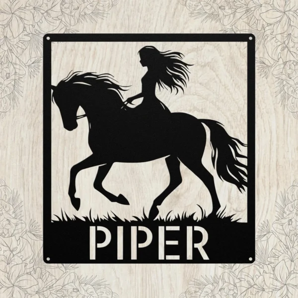 Personalized Woman Riding A Horse Metal Sign Custom Cowgirl Equestrian Wall Gift Personalized woman riding a horse metal sign in 16 gauge steel with custom name for cowgirl equestrian wall decor, barn, ranch, stable and horse lover gift.