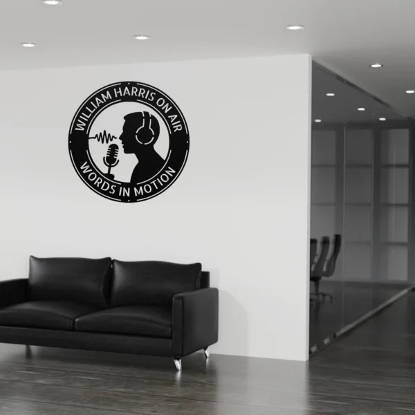 Personalized Podcaster Metal Sign Custom Recording Studio Name Sign Mic Wall Art Personalized podcaster metal sign in 16 gauge steel with custom recording studio name and microphone design for podcast room, studio, office and gift.