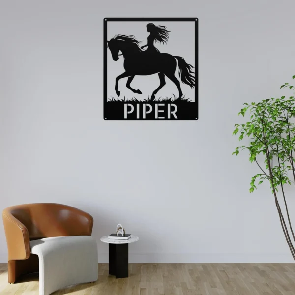 Personalized Woman Riding A Horse Metal Sign Custom Cowgirl Equestrian Wall Gift Personalized woman riding a horse metal sign in 16 gauge steel with custom name for cowgirl equestrian wall decor, barn, ranch, stable and horse lover gift.