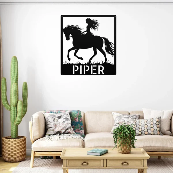 Personalized Woman Riding A Horse Metal Sign Custom Cowgirl Equestrian Wall Gift Personalized woman riding a horse metal sign in 16 gauge steel with custom name for cowgirl equestrian wall decor, barn, ranch, stable and horse lover gift.