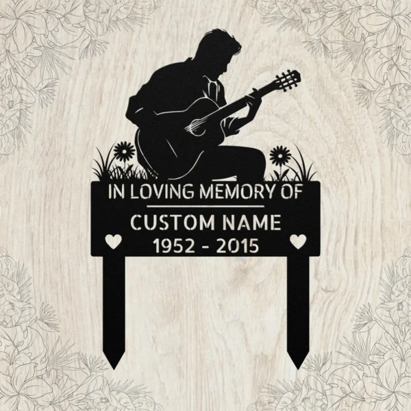 Custom Guitar Player Memorial Metal Sign Personalized Musician Tribute Gift Custom guitar player memorial metal sign in 16 gauge steel with personalized musician name for tribute wall decor, remembrance, music room and memorial gift.