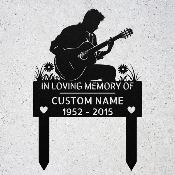 Custom Guitar Player Memorial Metal Sign Personalized Musician Tribute Gift Custom guitar player memorial metal sign in 16 gauge steel with personalized musician name for tribute wall decor, remembrance, music room and memorial gift.