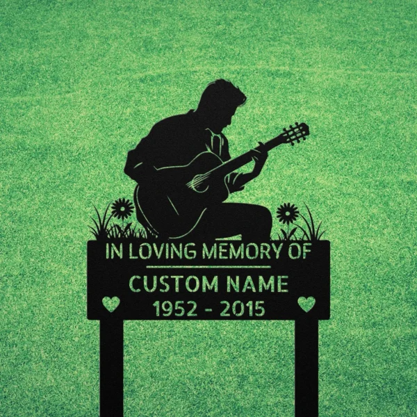 Custom Guitar Player Memorial Metal Sign Personalized Musician Tribute Gift Custom guitar player memorial metal sign in 16 gauge steel with personalized musician name for tribute wall decor, remembrance, music room and memorial gift.