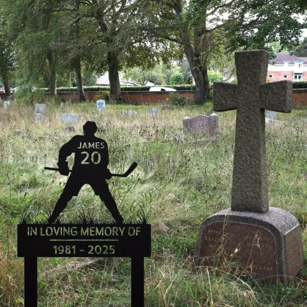 Custom Hockey Memorial Metal Sign Personalized Player Name Loss Tribute Gift Custom hockey memorial metal sign in 16 gauge steel with personalized player name for loss tribute, jersey remembrance, hockey wall decor and memorial gift.