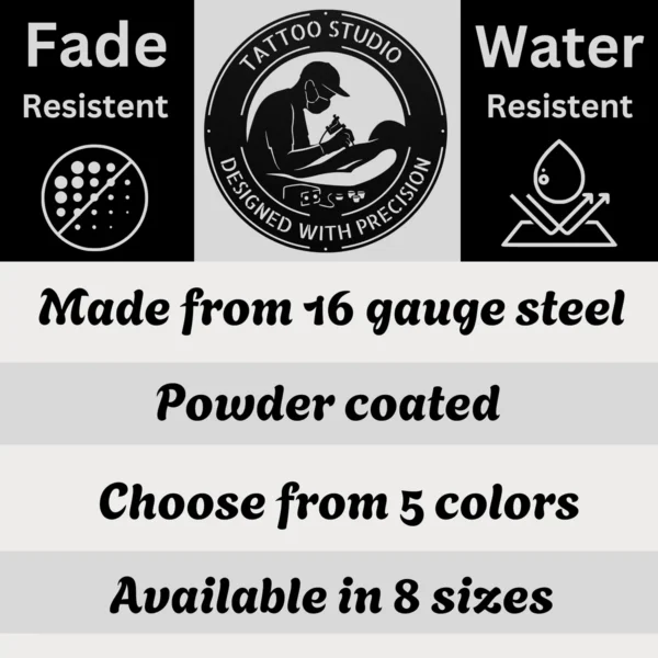 Personalized Tattooer Metal Sign Custom Tattoo Shop Name Plate Studio Wall Decor Personalized tattooer metal sign in 16 gauge steel with custom tattoo shop name for studio wall decor, tattoo artist workspace, shop and gift.