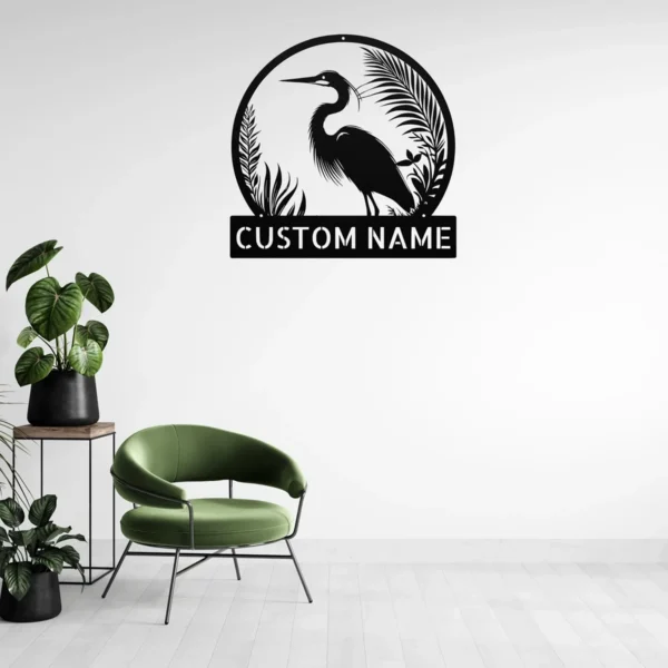 Custom Heron Metal Sign Personalized Great Blue Heron Coastal Wall Art Gift Custom Great Blue Heron metal sign in 16 gauge steel with personalized name for coastal wall decor, lake house, beach home, garden, porch and gift art.