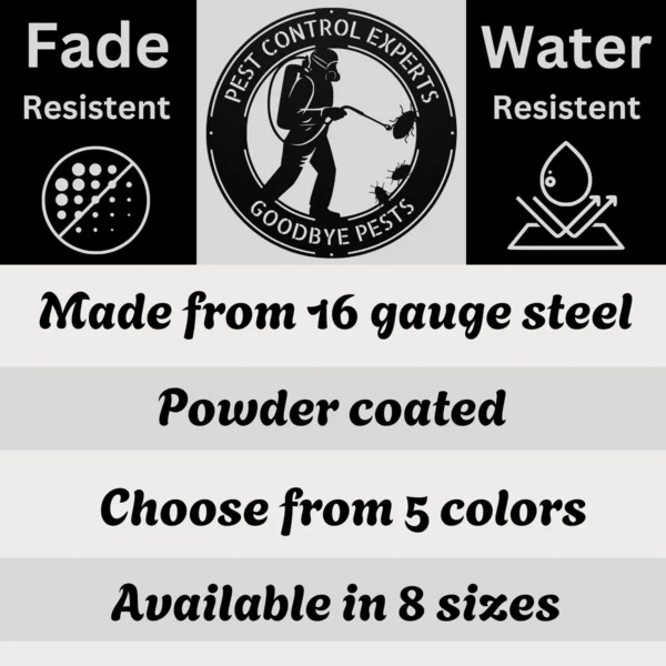 Personalized pest control metal sign in 16 gauge steel with custom exterminator name for office wall decor, garage, workshop, business and professional gift.
