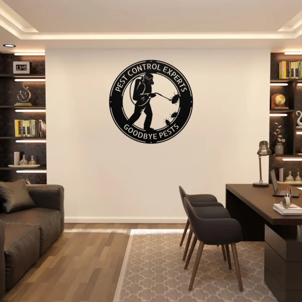 Personalized pest control metal sign in 16 gauge steel with custom exterminator name for office wall decor, garage, workshop, business and professional gift.