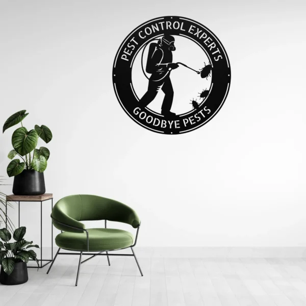 Personalized pest control metal sign in 16 gauge steel with custom exterminator name for office wall decor, garage, workshop, business and professional gift.