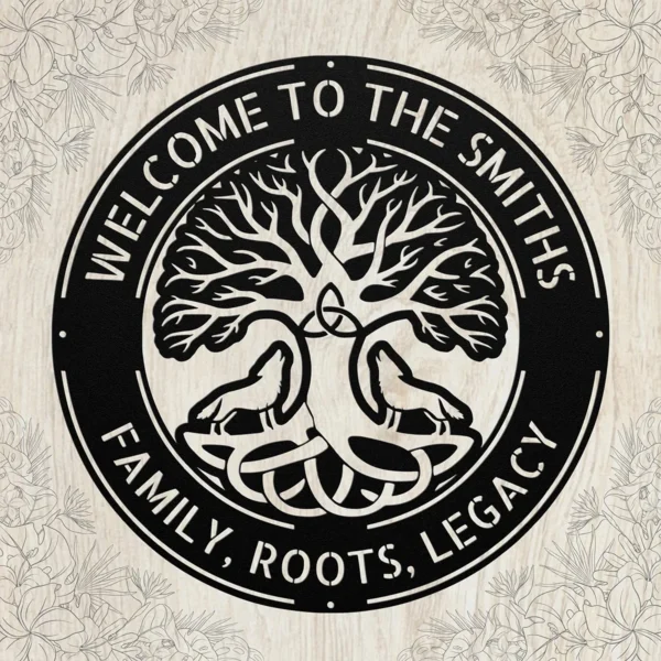 Custom Celtic Tree of Life metal sign in 16 gauge steel with personalized family name for Celtic wall decor, home, garden, wedding, and family gift.