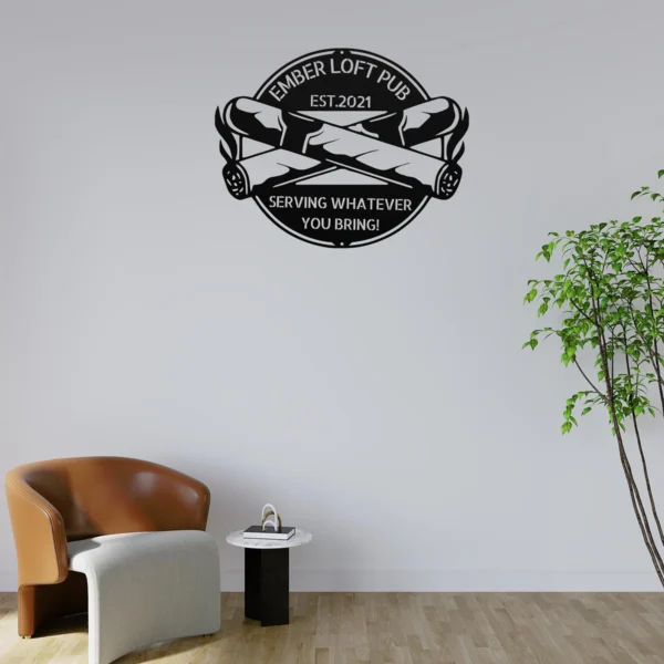 Custom cigar metal sign in 16 gauge steel with personalized name for cigar lounge wall decor, home bar, smoking room, man cave and cigar lover gift.