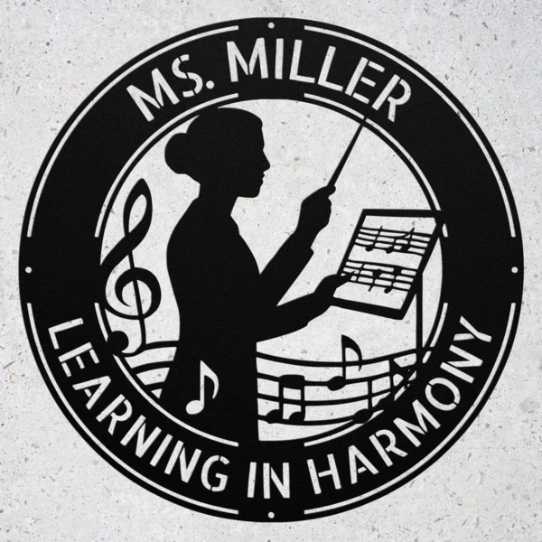 Personalized Ms Music Teacher metal sign in 16 gauge steel with custom name for band director classroom wall decor, music room, studio and teacher gift.