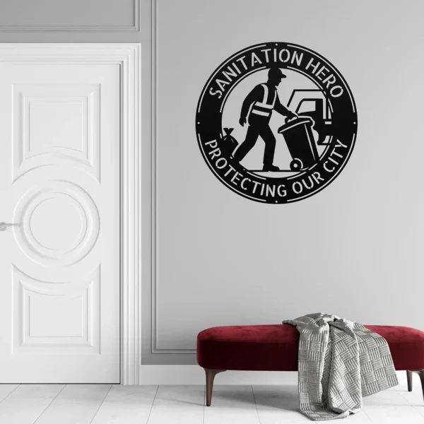 Custom Sanitation Worker Man Metal Sign Custom Garbage Truck Plaque Office Personalized male sanitation worker metal sign in 16 gauge steel with custom name and garbage truck design for waste management office decor and gift.