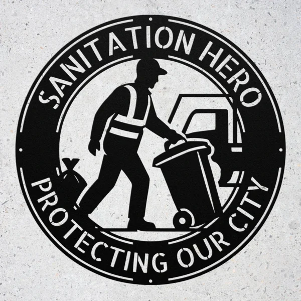 Custom Sanitation Worker Man Metal Sign Custom Garbage Truck Plaque Office Personalized male sanitation worker metal sign in 16 gauge steel with custom name and garbage truck design for waste management office decor and gift.
