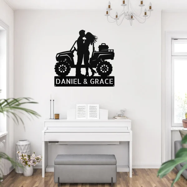 Personalized ATV couple metal sign in 16 gauge steel with custom names for offroad quad rider wall decor, garage, cabin, workshop and couple gift.