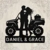 Personalized ATV couple metal sign in 16 gauge steel with custom names for offroad quad rider wall decor, garage, cabin, workshop and couple gift.