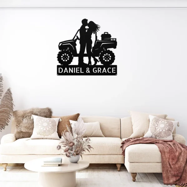 Personalized ATV couple metal sign in 16 gauge steel with custom names for offroad quad rider wall decor, garage, cabin, workshop and couple gift.