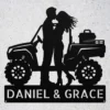 Personalized ATV couple metal sign in 16 gauge steel with custom names for offroad quad rider wall decor, garage, cabin, workshop and couple gift.