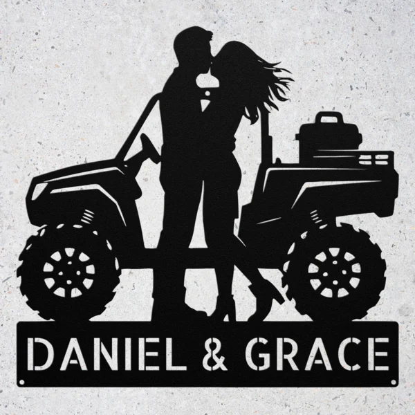 Personalized ATV couple metal sign in 16 gauge steel with custom names for offroad quad rider wall decor, garage, cabin, workshop and couple gift.