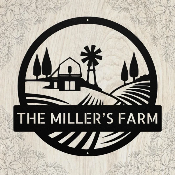 Custom farmstead landscape metal sign in 16 gauge steel with personalized family farm name for farmhouse wall decor, barn, ranch, porch and gift art.