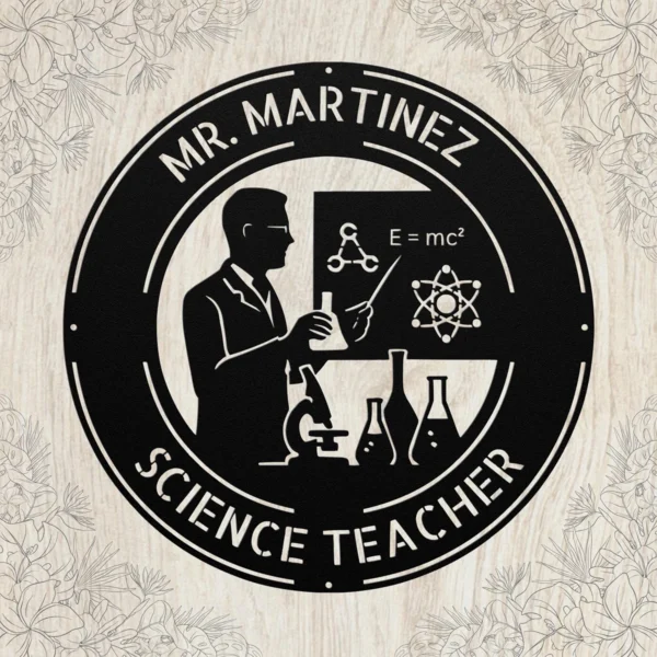 Custom Mr Science Teacher metal sign in 16 gauge steel with personalized name for science classroom wall decor, laboratory, teacher office and gift.