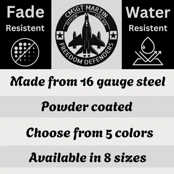 Personalized USA Air Force metal sign in 16 gauge steel with custom veteran name, rank and unit for military wall decor, pilot office, garage and gift.