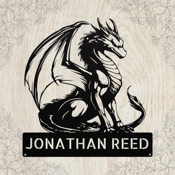 Personalized dragon metal sign in 16 gauge steel with custom name for fantasy wall decor, gothic medieval artwork, gaming room, man cave and gift.