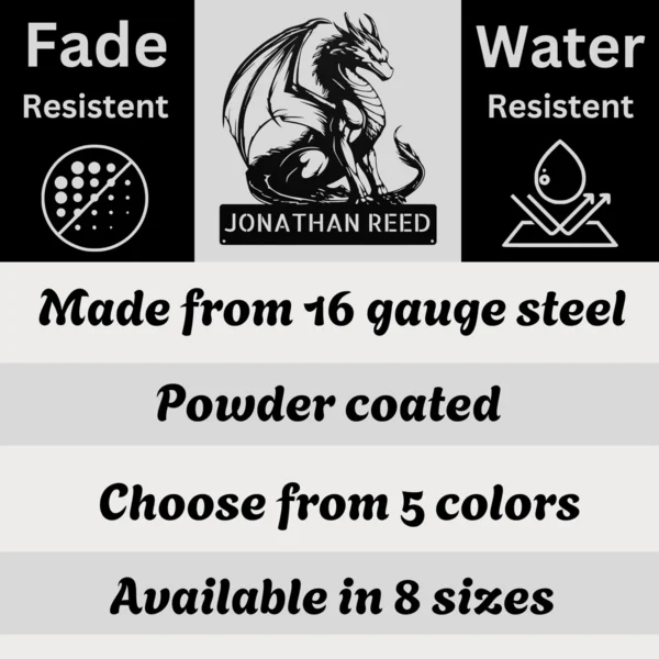 Personalized Dragon Metal Sign Custom Fantasy Wall Decor Gothic Medieval Artwork Personalized dragon metal sign in 16 gauge steel with custom name for fantasy wall decor, gothic medieval artwork, gaming room, man cave and gift.