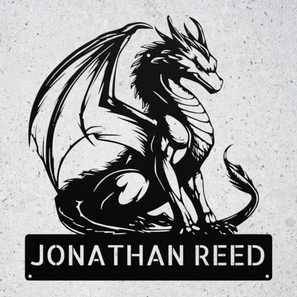 Personalized Dragon Metal Sign Custom Fantasy Wall Decor Gothic Medieval Artwork Personalized dragon metal sign in 16 gauge steel with custom name for fantasy wall decor, gothic medieval artwork, gaming room, man cave and gift.