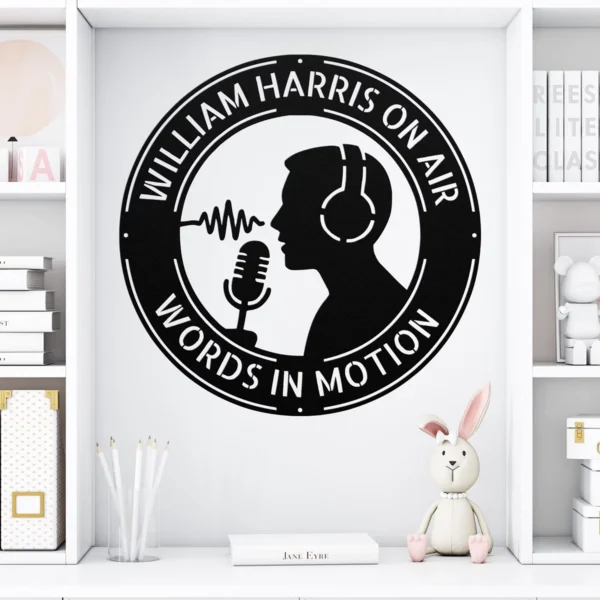 Personalized Podcaster Metal Sign Custom Recording Studio Name Sign Mic Wall Art Personalized podcaster metal sign in 16 gauge steel with custom recording studio name and microphone design for podcast room, studio, office and gift.