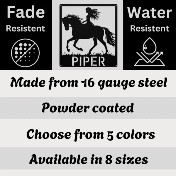 Personalized Woman Riding A Horse Metal Sign Custom Cowgirl Equestrian Wall Gift Personalized woman riding a horse metal sign in 16 gauge steel with custom name for cowgirl equestrian wall decor, barn, ranch, stable and horse lover gift.