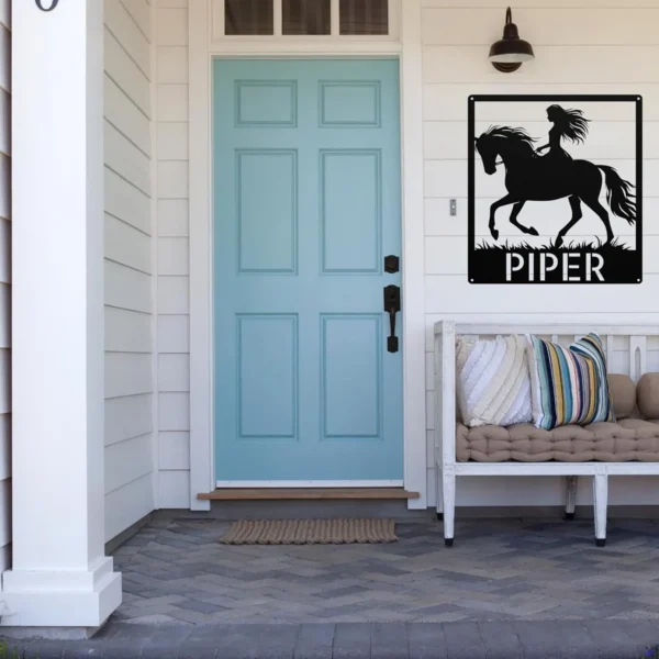 Personalized Woman Riding A Horse Metal Sign Custom Cowgirl Equestrian Wall Gift Personalized woman riding a horse metal sign in 16 gauge steel with custom name for cowgirl equestrian wall decor, barn, ranch, stable and horse lover gift.