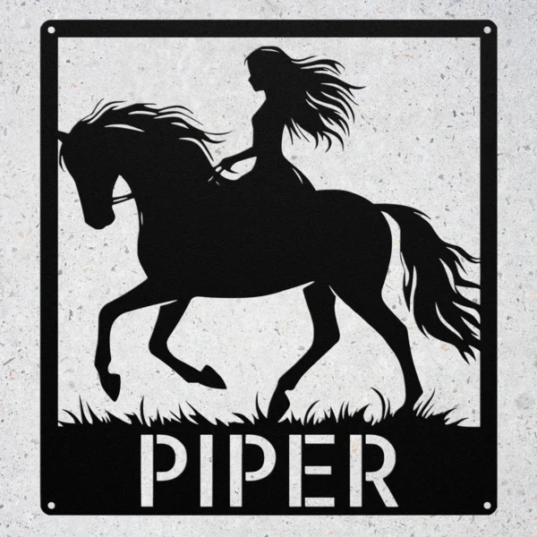 Personalized Woman Riding A Horse Metal Sign Custom Cowgirl Equestrian Wall Gift Personalized woman riding a horse metal sign in 16 gauge steel with custom name for cowgirl equestrian wall decor, barn, ranch, stable and horse lover gift.