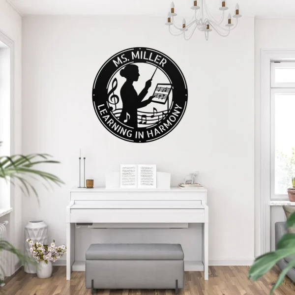 Personalized Ms Music Teacher metal sign in 16 gauge steel with custom name for band director classroom wall decor, music room, studio and teacher gift.