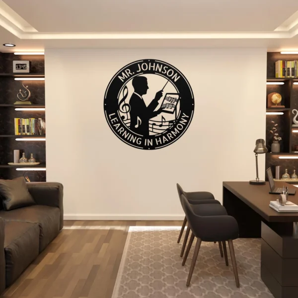 Personalized Mr Music Teacher metal sign in 16 gauge steel with custom name for band director classroom wall decor, music room, studio and teacher gift.
