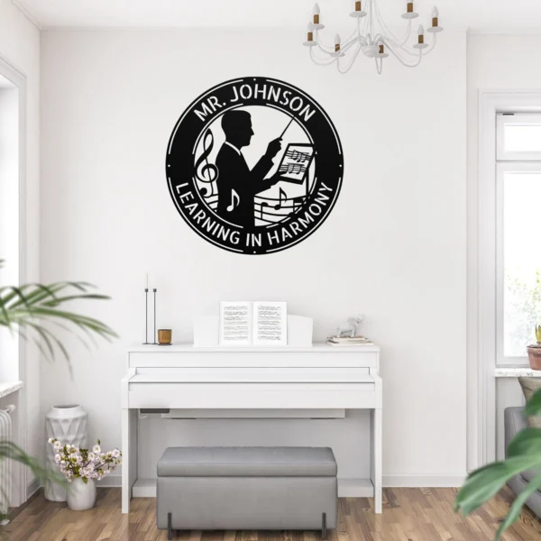 Personalized Mr Music Teacher metal sign in 16 gauge steel with custom name for band director classroom wall decor, music room, studio and teacher gift.