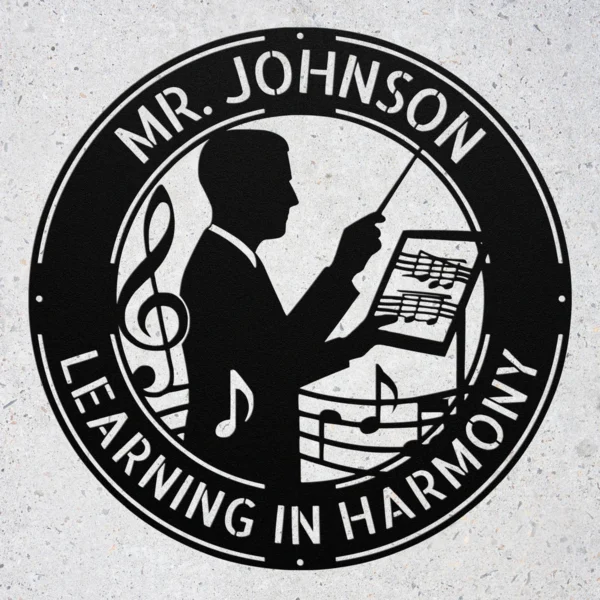 Personalized Mr Music Teacher metal sign in 16 gauge steel with custom name for band director classroom wall decor, music room, studio and teacher gift.